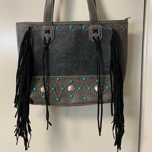 P&G Tote Tooled Leather Tote with Fringe